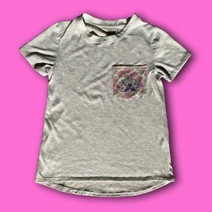 “Stranded” grey t-shirt with floral pocket and moth glitter holographic decal